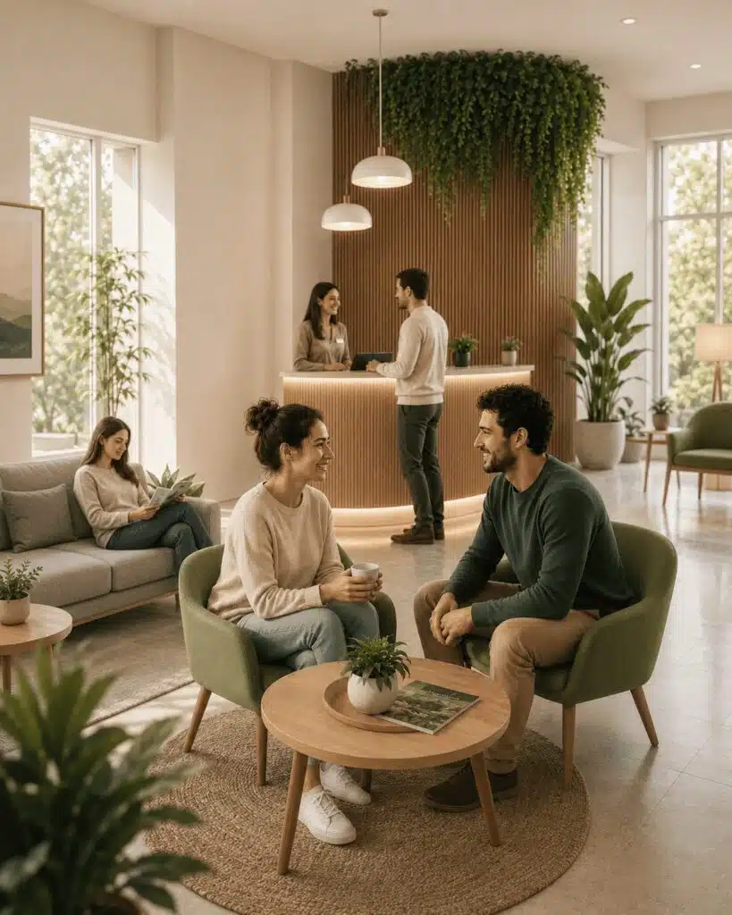 Pacienți în sala de așteptare a centrului de sănătate, cu recepție modernă și decor cu plante naturale.