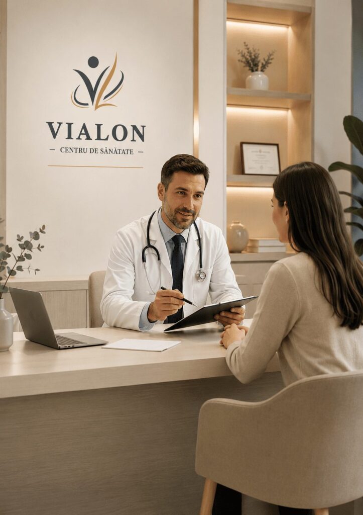 Medic discutând cu o pacientă în cabinetul medical de la Centrul de Sănătate Vialon.