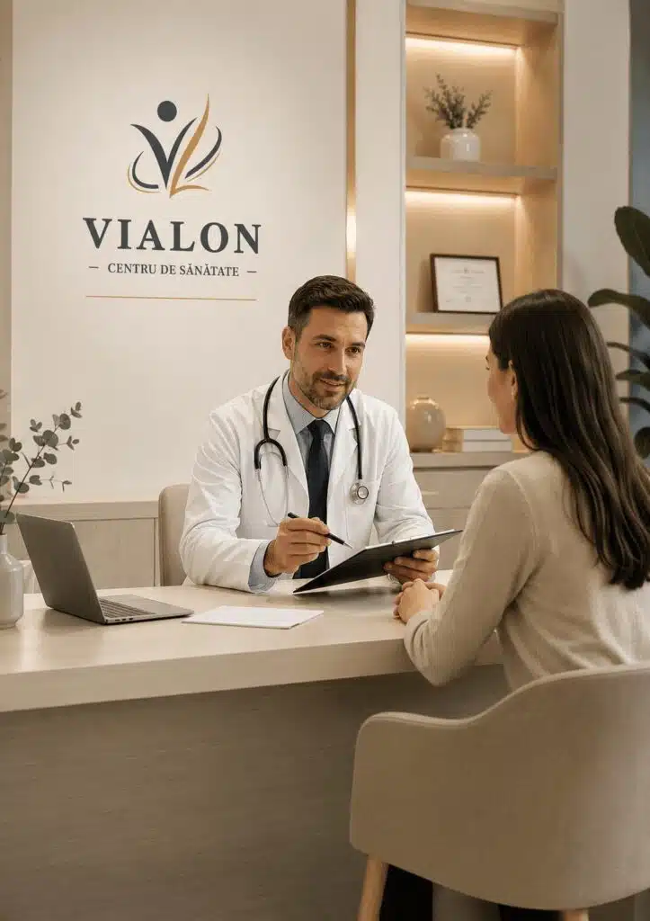 Medic discutând cu o pacientă în cabinetul medical de la Centrul de Sănătate Vialon.
